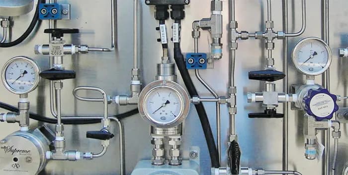 Close-up of industrial equipment with gauges and valves.