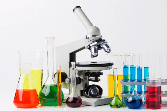 Microscope and laboratory beakers with colorful liquids