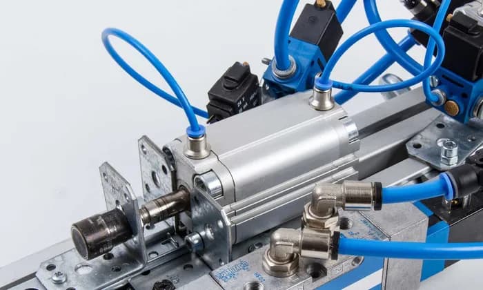 Pneumatic cylinder with blue tubing